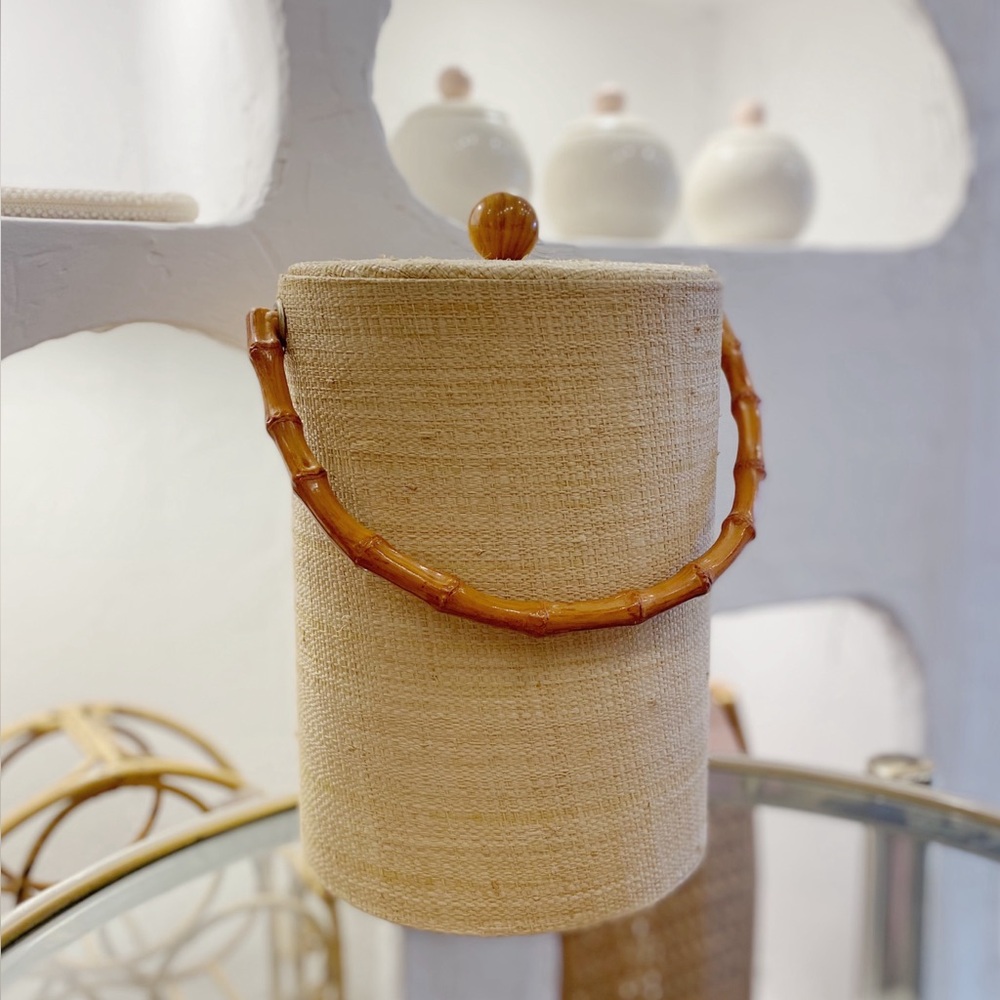 Mid Century Modern Raffia Wrapped Ice Bucket with Lid and Bamboo Handle